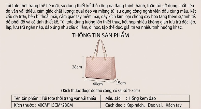 Túi Tote Nữ Vải In Họa Tiết Chữ K, Túi Đeo Vai Công Sở, Túi Xách Tay Lớn Đựng Laptop Màu Kem, Hồng chi tiết 3