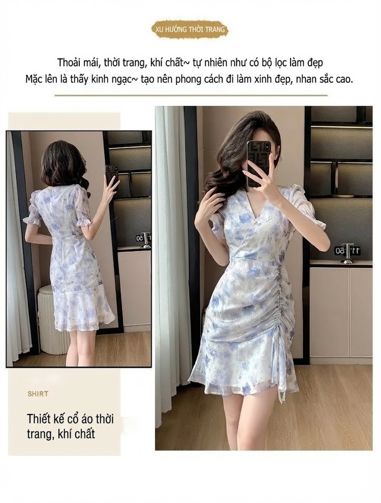 Váy Xòe Nữ Voan Hoa Nhí Tay Ngắn Cổ chữ V Chân Váy Bèo Nhún Eo Thun Dáng Ngắn Màu Trắng Xanh chi tiết 3