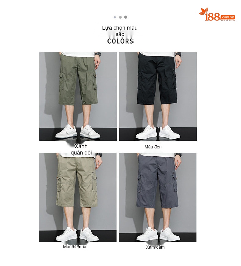 Quần Ngố Nam Cotton 100% Ống Lửng Túi Hộp Dáng Rộng Màu Xám, Xanh Rêu, Đen, Be chi tiết 2