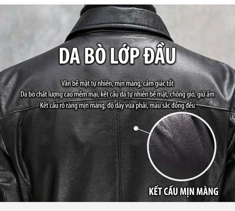 Áo Khoác Da Thật Nam Dáng Ôm Cổ Bẻ Màu Đen chi tiết 3