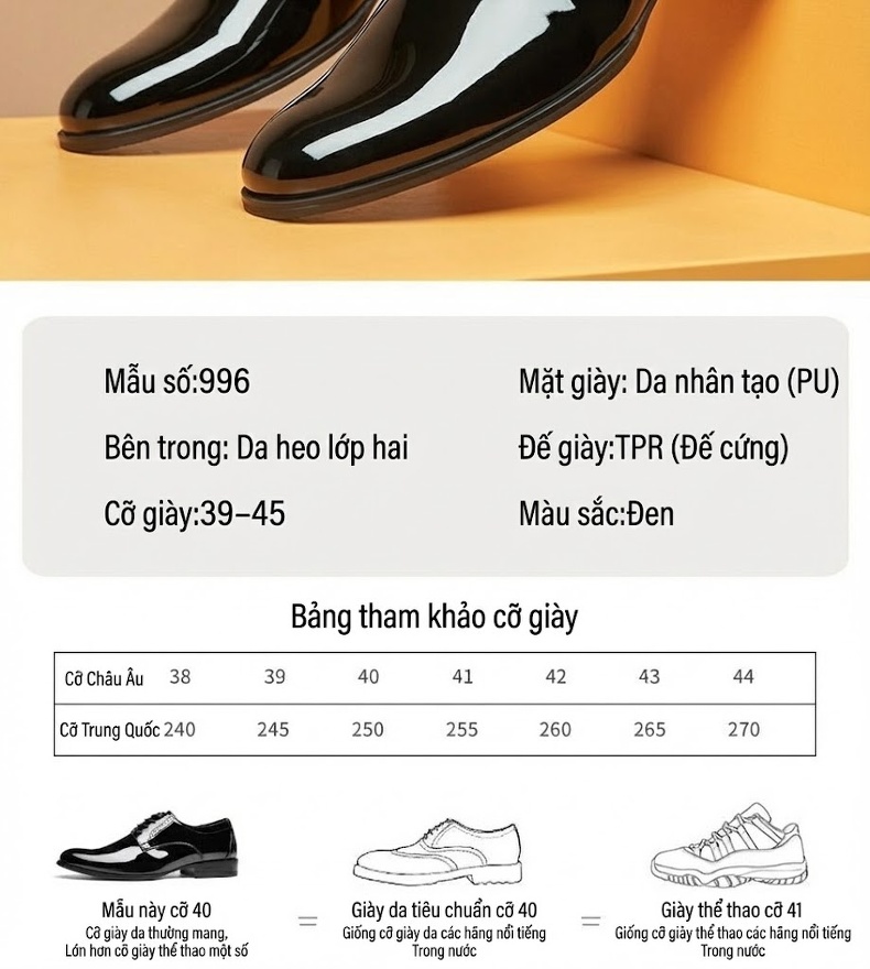 Giày Tây Buộc Dây Nam Da Bóng Chiều Cao Đế Khoảng 3cm Màu Đen chi tiết 5