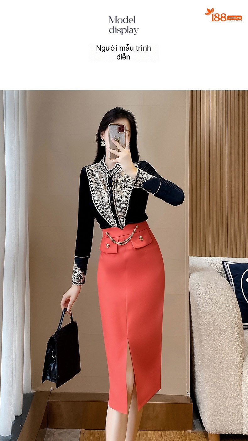 Set Bộ Áo Sơ Mi Tay Dài Thiết Kế Thanh Lịch và Chân Váy Bút Chì Màu Đen, Đỏ chi tiết 8