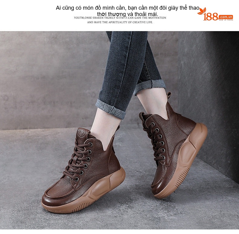 Giày Martin Nữ Da Bò Cổ Cao Buộc Dây Đế Dày Phong Cách Anh Quốc Chiều Cao Đế Khoảng 4cm Màu Be, Nâu, Đen chi tiết 12