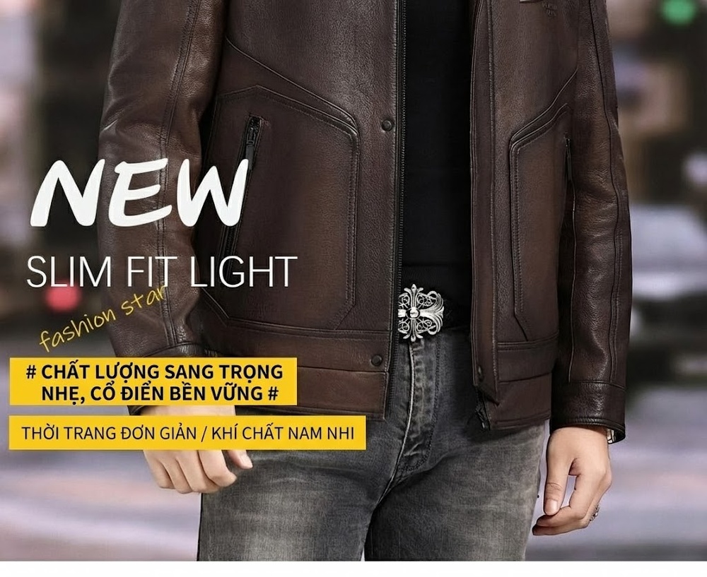 Áo Khoác Da Thật Nam Dáng Ôm Cổ Bẻ Phong Cách Motor Da Sáp Dầu Màu Nâu chi tiết 2