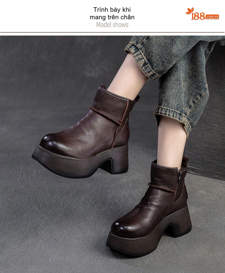 Boot Nữ Cổ Ngắn Da Bò Đế Xuồng Chiều Cao Đế Khoảng 6cm Phong Cách Retro Màu Đen, Nâu chi tiết 8