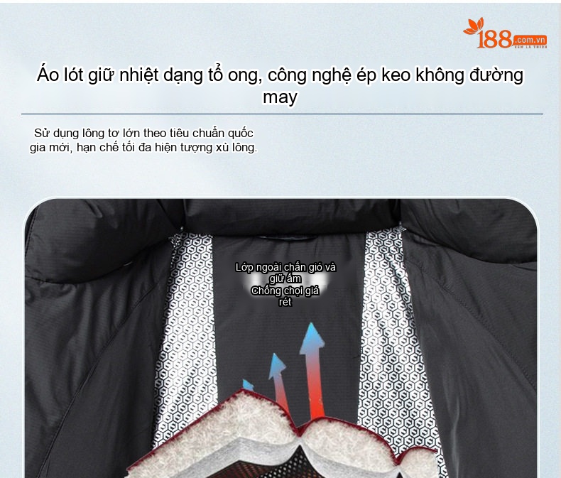 Áo Khoác Phao Nam Ba Lớp Chống Thấm Nước Mũ Rời Siêu Ấm chi tiết 9