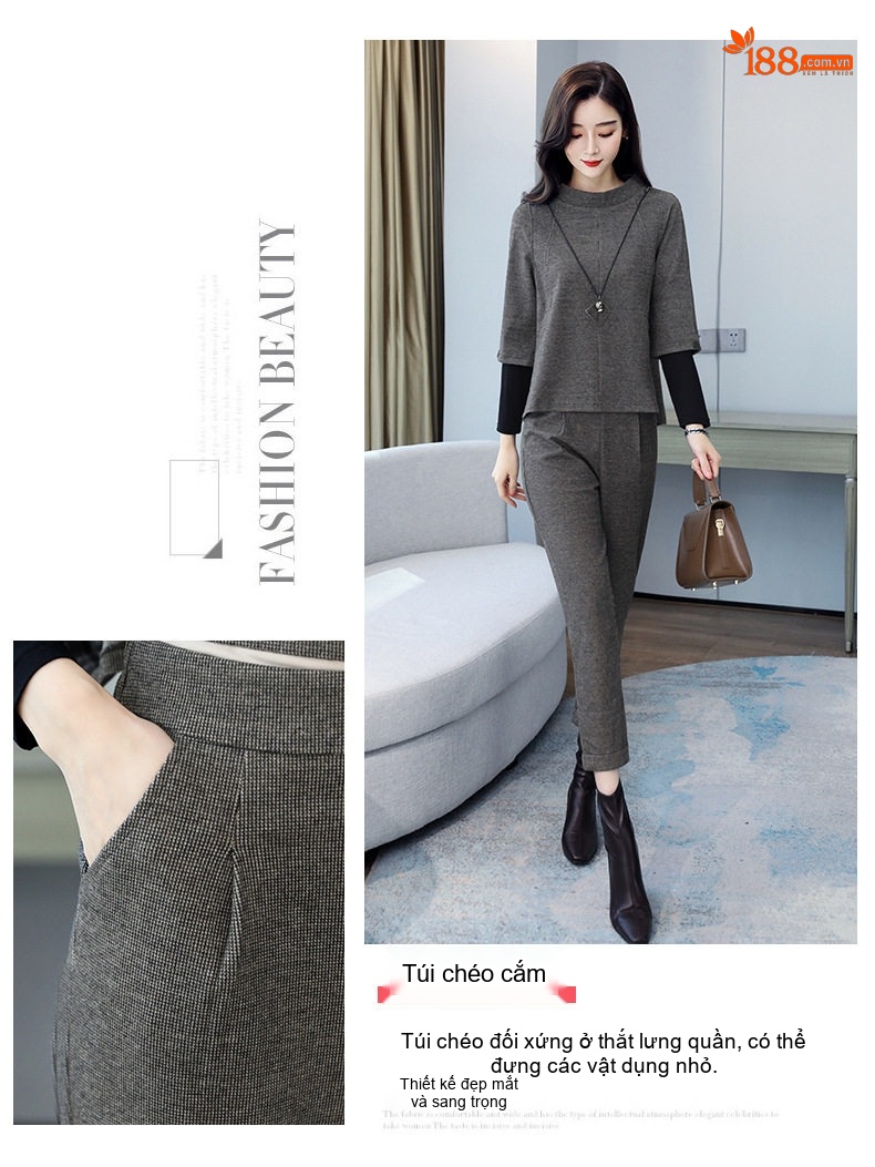 Set Bộ Quần Áo Nữ Thu Đông Dáng Rộng Che Bụng Phong Cách Thời Trang Màu Xám chi tiết 6