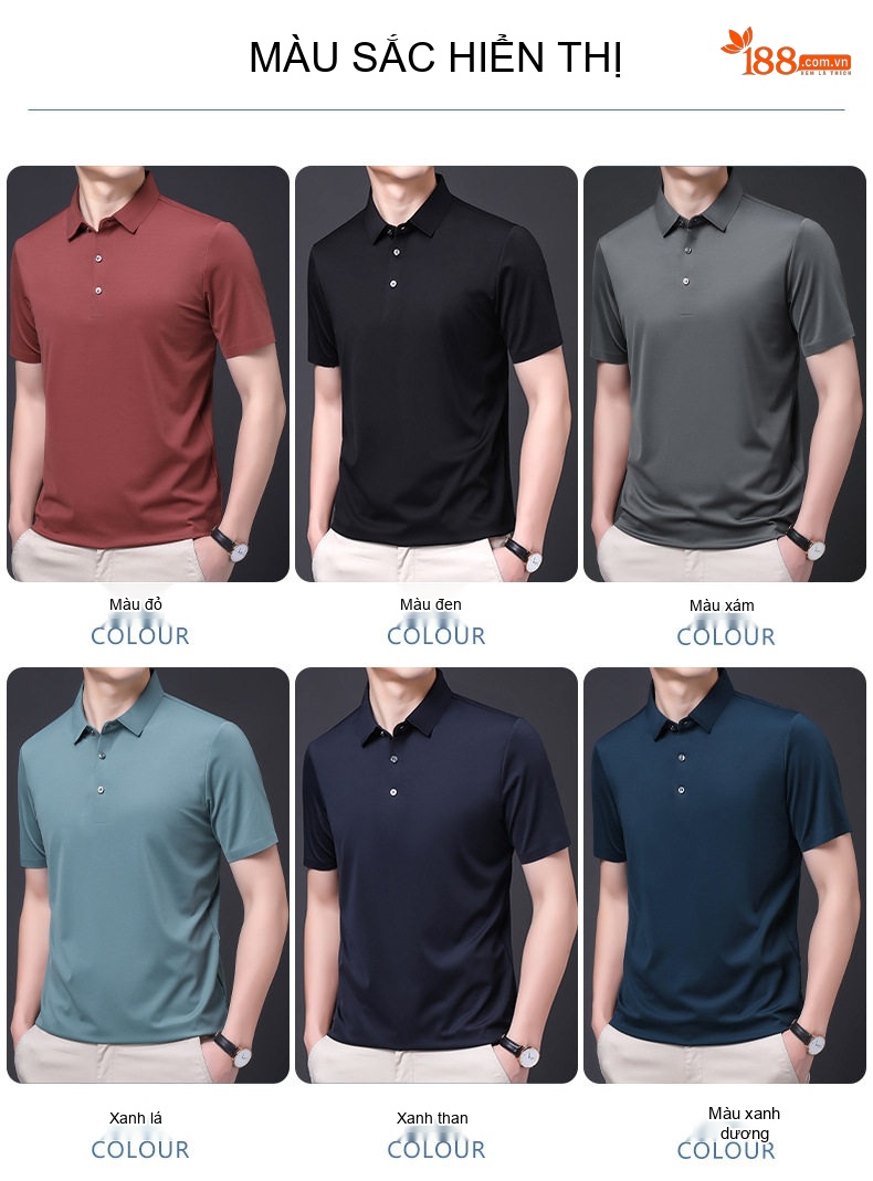 Áo Polo Nam Tay Ngắn Sợi Tằm Thượng Hạng Cổ Bẻ Phong Cách Business Casual Màu Đen, Đỏ, Xám, Xanh... chi tiết 8