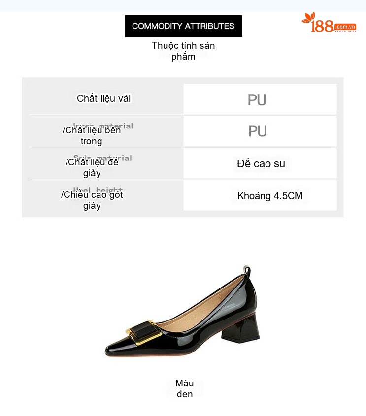 Giày Búp Bê Nữ Da Bóng Gót Vuông Chiều Cao Đế Khoảng 3cm Mũi Nhọn Khóa Kim Loại Màu Đen chi tiết 2