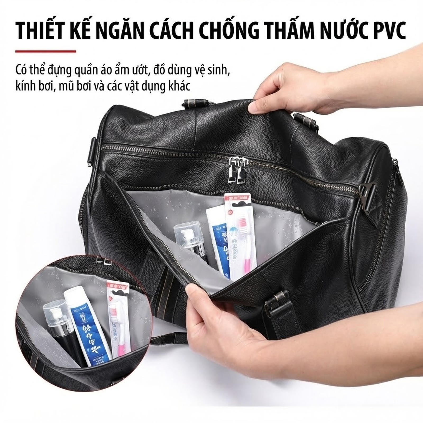Túi Xách Du Lịch Da Thật Sức Chứa Lớn Đa Năng Màu Đen