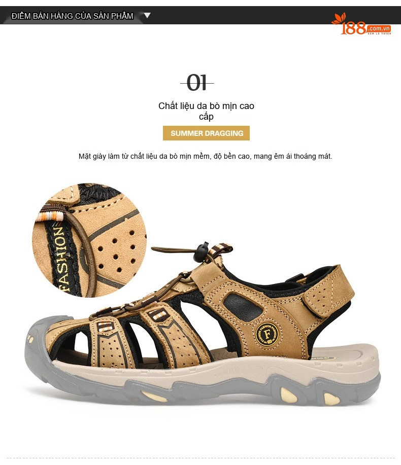 Sandal Rọ Nam Da Thật Thoáng Khí Đi Biển Chiều Cao Đế Khoảng 3cm Màu Nâu, Đen chi tiết 8