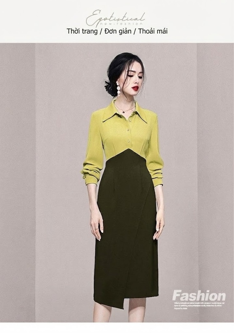 Váy liền thân Nữ Dáng Ôm Cổ Bẻ Tay Dài Xẻ Tà Màu Xanh Lá, Xanh Olive chi tiết 1