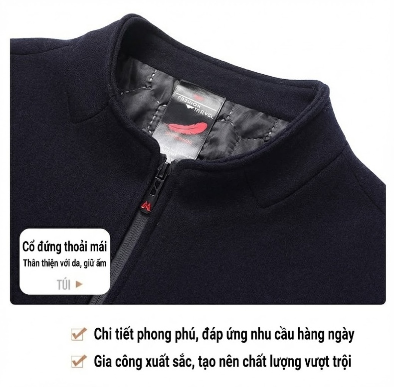 Áo Khoác Nam Cổ Trụ Lót Lông Cừu Mùa Thu Đông Màu Đen, Xanh Navy, Xám chi tiết 13