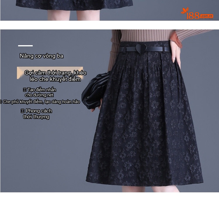 Chân Váy Chữ A Nữ Dáng Dài Họa Tiết Jacquard Che Hông Phong Cách Hàn Quốc Màu Đen chi tiết 6