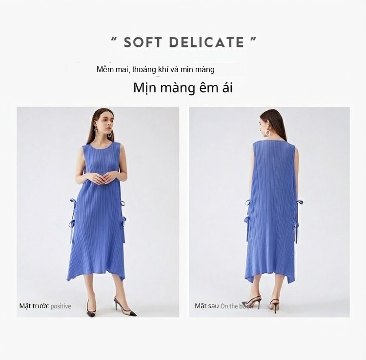 Váy Dài Nữ Xếp Ly dáng chữ A Cổ Tròn Không Tay Xẻ Tà Thắt Eo Màu Xanh Lam, Cam chi tiết 3