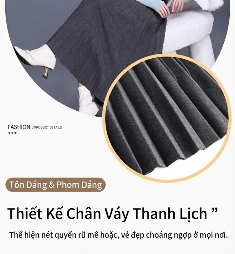 Chân Váy Nữ Lưng Thun dáng chữ A Dài Qua Gối Xếp Ly Chất Liệu 毛呢 (Mao Ni) Màu Đen, Nâu, Xám chi tiết 4