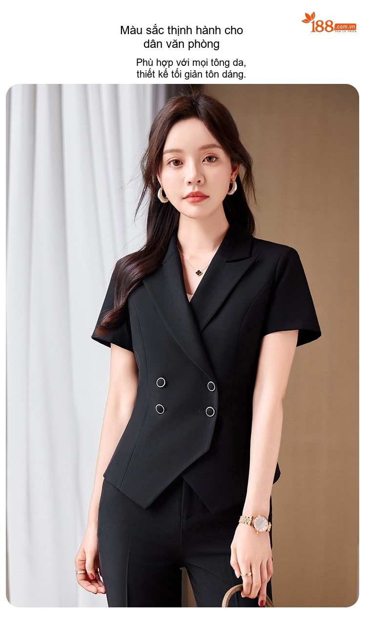 Bộ Vest Công Sở Nữ Tay Ngắn Quần Dài Màu Đen, Xám chi tiết 4