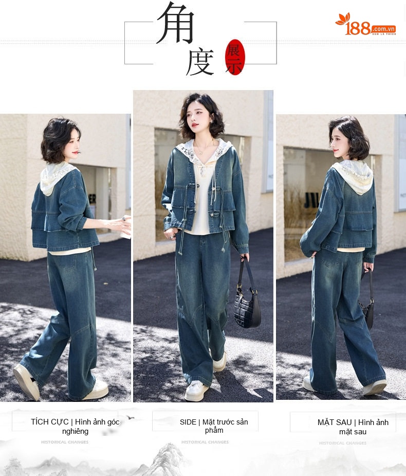 Set Bộ Quần Áo Nữ Phong Cách Trung Hoa Áo Khoác Lửng Quần Ống Rộng Jeans Xanh chi tiết 6