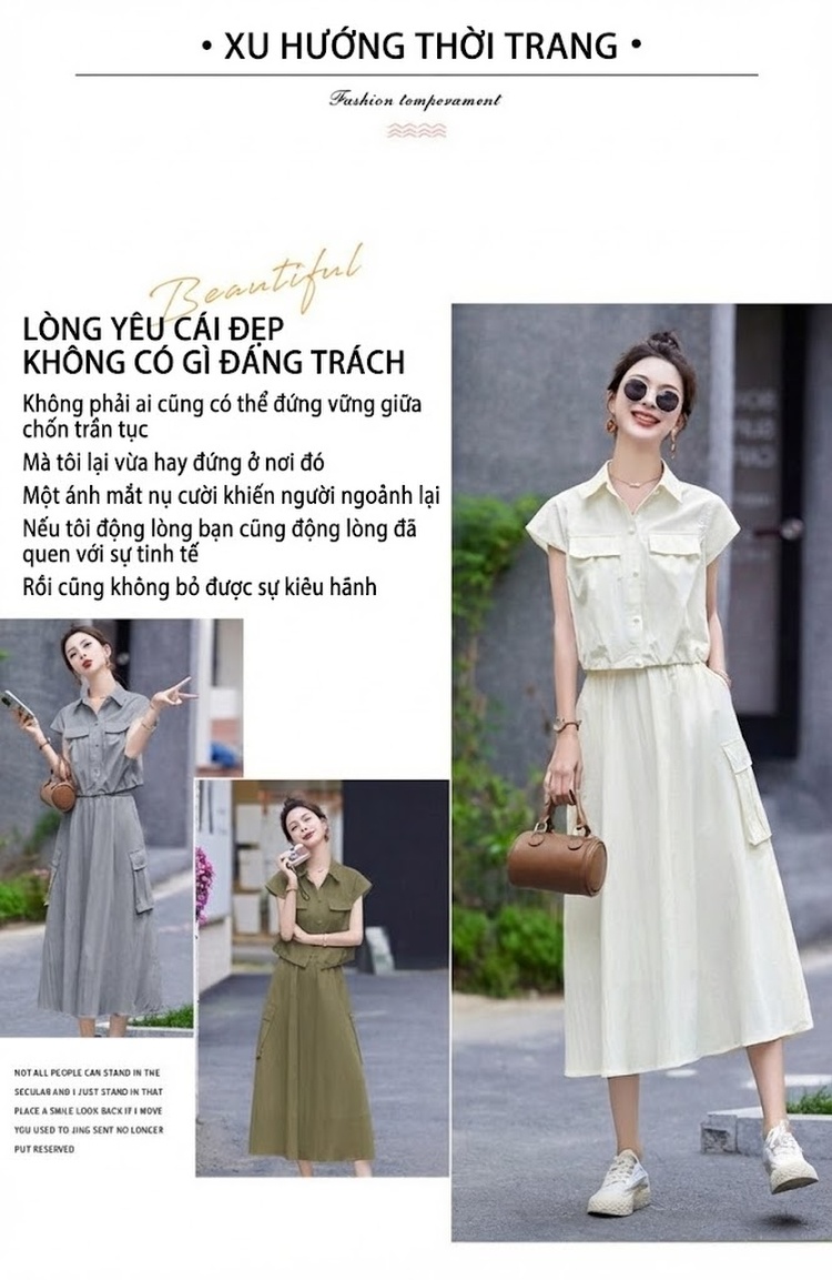 Set Bộ Áo Croptop Tay Ngắn Và Chân Váy Công Sở Dáng Dài Xòe Phong Cách Hàn Quốc Màu Xám, Kem, Xanh Olive chi tiết 4