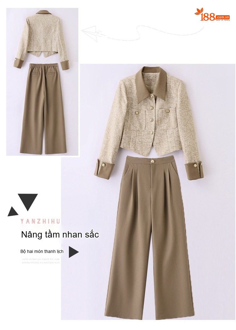 Bộ Set Áo Khoác Quần Ống Rộng Nữ Phong Cách Tiểu Thư Thanh Lịch Màu Be, Xám, Đen chi tiết 4