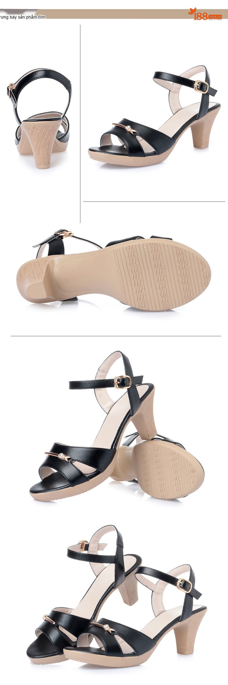 Giày Sandal Cao Gót Nữ Quai Ngang Gót Vuông Da Mờ Gót Cao 7cm - 8cm Màu Kem, Đen chi tiết 16