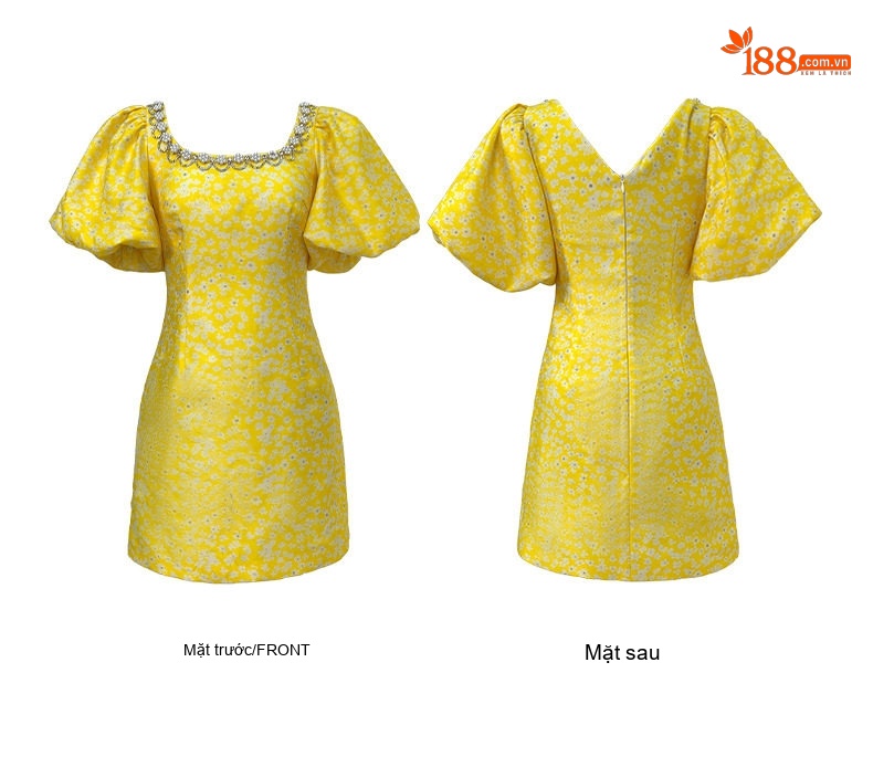 Váy Ôm Body Nữ Tay Phồng Cổ chữ Vuông Đính Hạt Phong Cách Pháp Họa Tiết Hoa Nhỏ Màu Vàng chi tiết 5