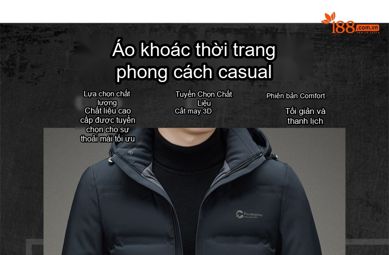 Áo Khoác Phao Nam Ngắn Tay Dài Có Mũ Trùm Đầu Chống Gió Giữ Ấm Màu Đen, Xám chi tiết 1