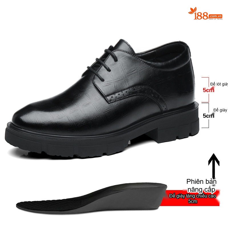 Giày Tây Buộc Dây Nam Da Bò Chiều Cao Đế 5cm Màu Đen, Nâu