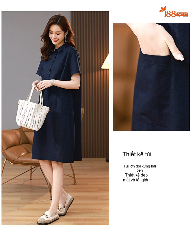 Váy Sơ Mi Nữ Dáng Suông Cotton Linen Phong Cách Retro Màu Xanh Navy, Tím, Nâu, Xanh Lá... chi tiết 9