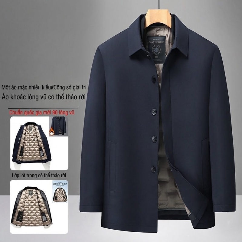 Áo Khoác Phao Nam Trung Niên Chất Liệu Milk Silk Lót Lông Vũ Trắng 85/15 Màu Xanh Navy