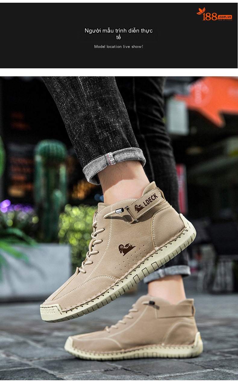 Giày Martin Cổ Cao Nam Khâu Tay Thủ Công Phong Cách Casual Chiều Cao Đế Khoảng 3cm Màu Be, Đen, Xám chi tiết 12