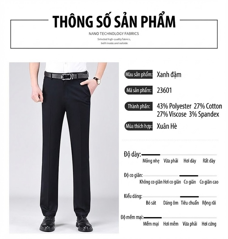 Quần Âu Nam Dáng Suông Mỏng Nhẹ Không Nhăn Cho Bố Trung Niên Màu Đen, Kem, Xám, Be chi tiết 24