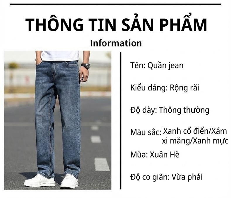 Quần Jean Nam Ống Đứng Dáng Rộng Co Giãn Thoải Mái Màu Xanh Đậm, Xanh Nhạt chi tiết 28
