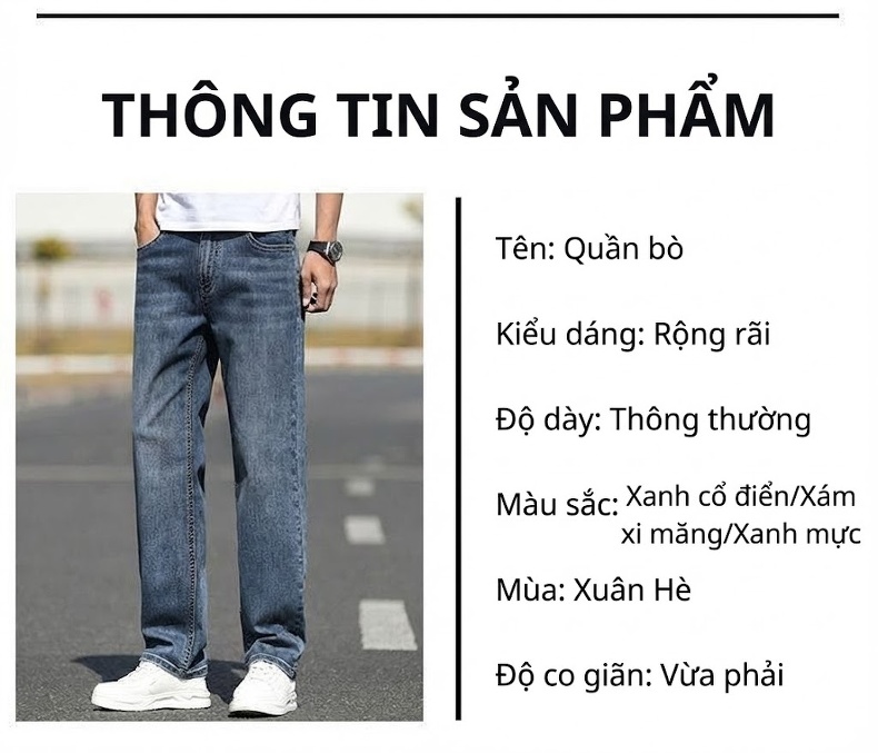 Quần Jean Dáng Suông Nam Co Giãn Thoải Mái Kiểu Dáng Trung Niên Màu Xanh Đậm, Xanh Nhạt chi tiết 35