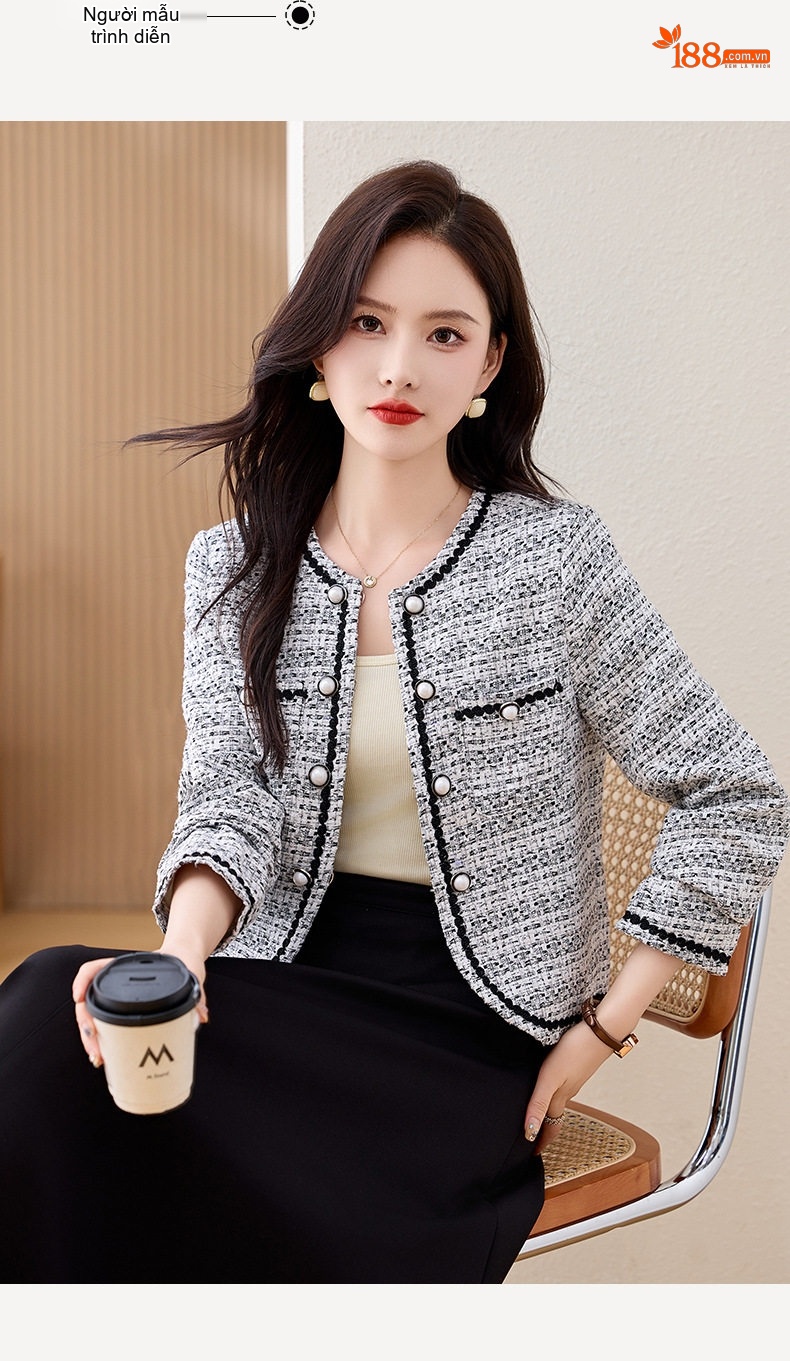 Áo Khoác Tiểu Thư Nữ Dáng Ngắn Rộng Tay Dài Phong Cách Thanh Lịch Màu Trắng Xám chi tiết 11