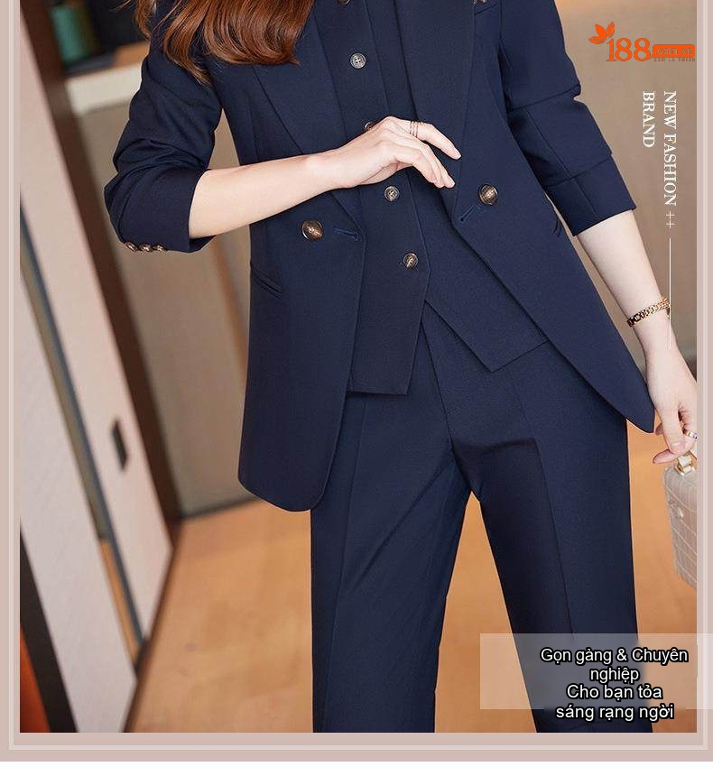Bộ Vest Công Sở Nữ 3 Món Áo Khoác, Áo Gile, Quần Dài Màu Hồng, Kem, Xanh Navy chi tiết 4