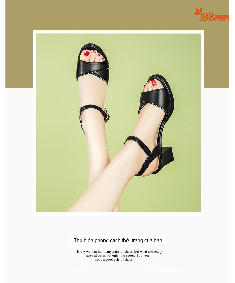 Giày Sandal Cao Gót Nữ Quai Ngang Gót Vuông Da Mềm Gót Cao 7cm - 8cm Màu Đen, Trắng chi tiết 2