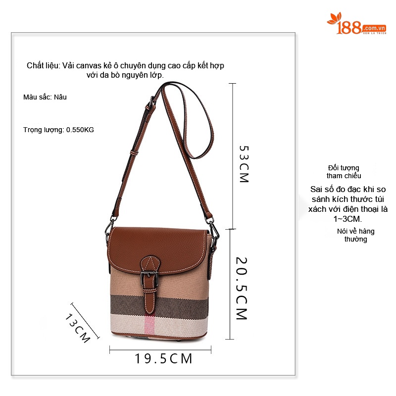 Túi Đeo Vai Nữ Da Bò Vải Canvas Kẻ Ô Cao Cấp Màu Nâu