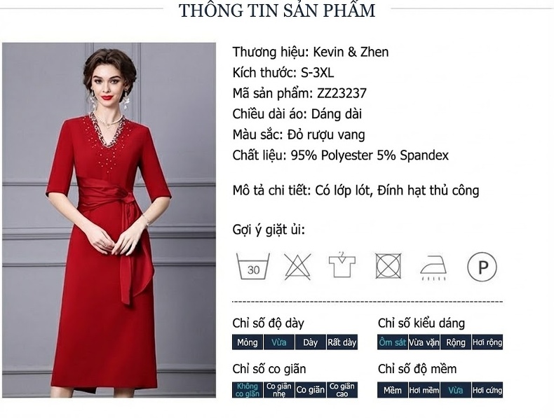 Đầm Dự Tiệc Nữ Đính Hạt Cổ chữ V Thu Đông Dáng Dài Ôm Eo Màu Đỏ Rượu chi tiết 19