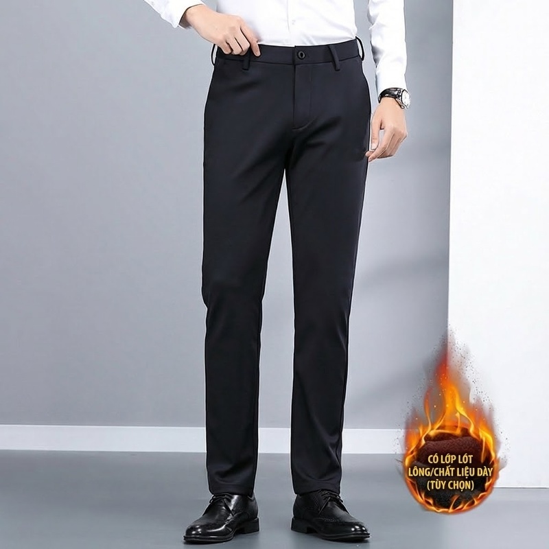 Quần Tây Nam Dáng Ôm Co Giãn Lót Lông Cừu Phong Cách Hàn Quốc Màu Đen, Xám