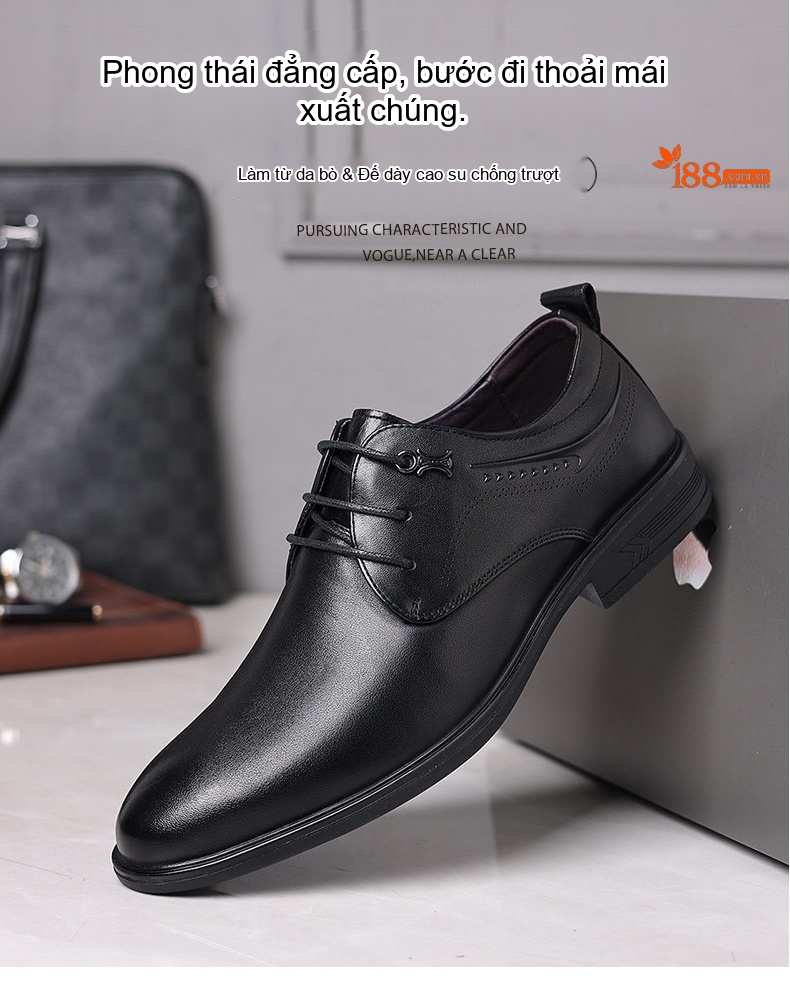Giày Lười Nam Da Bò Mũi Nhọn Chiều Cao Đế Khoảng 3cm Màu Đen chi tiết 3