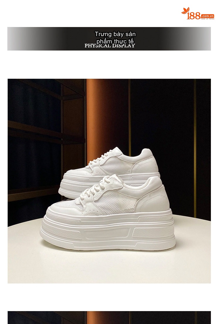 Giày Sneaker Nữ Da Bò Lớp Đầu Vải Lưới Chiều Cao Đế 7cm Màu Trắng chi tiết 8