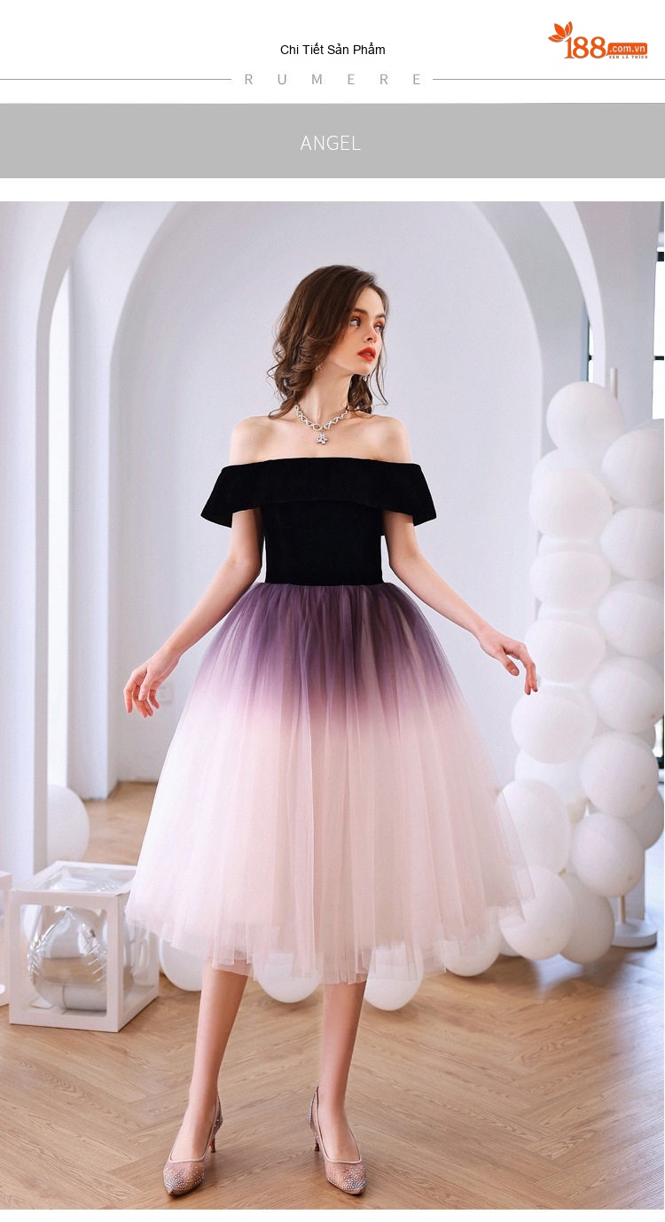 Váy Dự Tiệc Ngắn Nữ Hở Vai Màu Đen Tím Ombre chi tiết 14