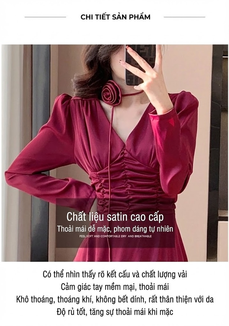 Váy Dài Nữ dáng chữ A Chiết Eo Cổ chữ V Chất Liệu Satin Màu Đỏ Rượu Vang, Đen chi tiết 2