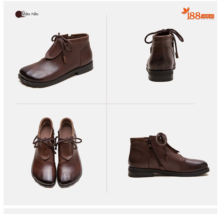 Boot Nữ Cổ Ngắn Da Thật Thắt Dây Chiều Cao Đế Khoảng 2cm Màu Đen, Nâu, Xám chi tiết 18