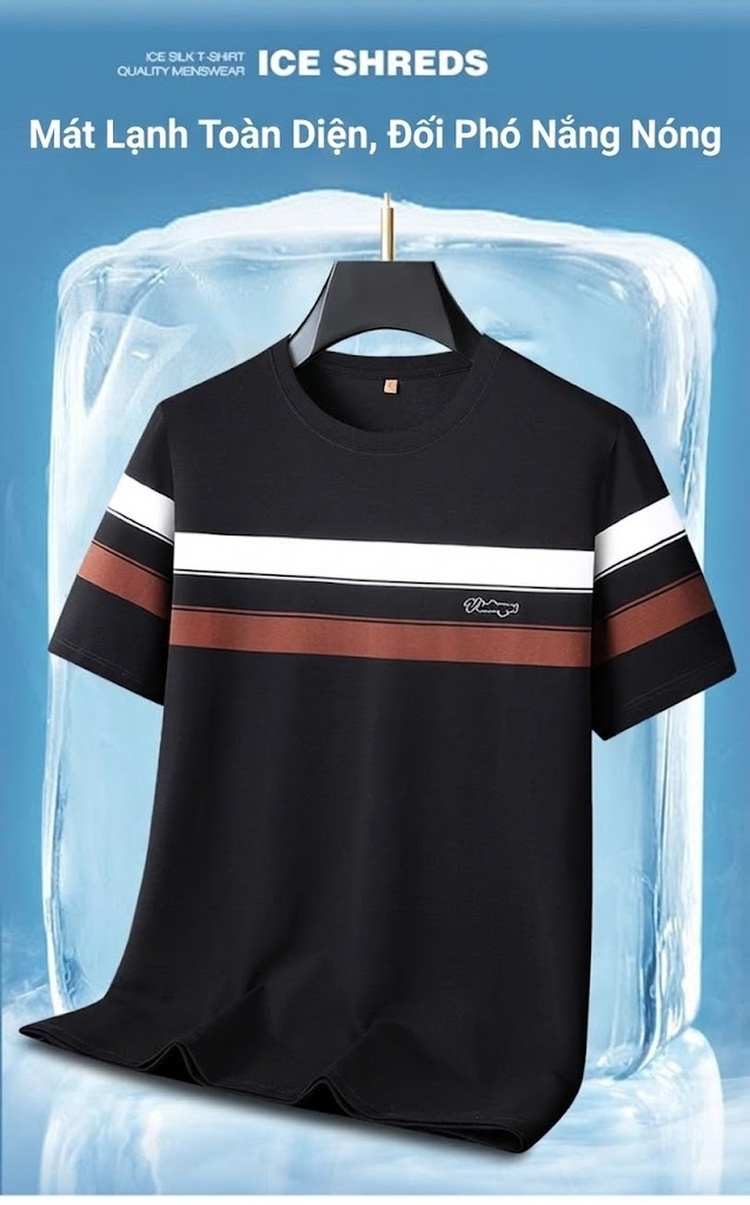 Áo Thun Nam Cotton Sọc Ngắn Tay Cổ Tròn Form Rộng Màu Đen, Nâu, Trắng chi tiết 8