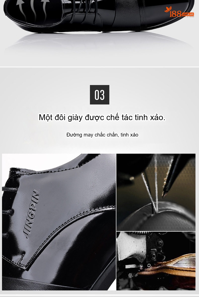 Giày Tây Buộc Dây Nam Da Bóng Chiều Cao Đế 6cm Màu Đen chi tiết 8
