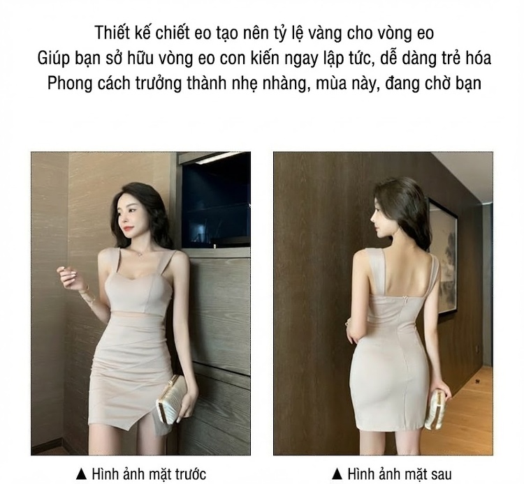 Váy Hai Dây Ngắn Hở Lưng Xẻ Tà Ôm Body Gợi Cảm Màu Be, Đen, Vàng, Xanh... chi tiết 2