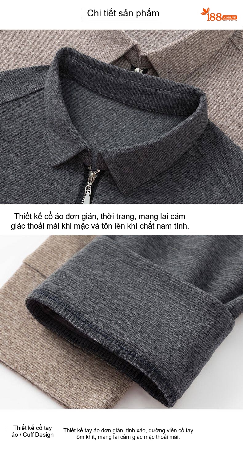 Áo Polo Nam Dài Tay Khóa Kéo Chất Liệu Cotton, Lụa Tằm, Len Lông Cừu Phong Cách Tối Giản Màu Xanh Navy, Nâu, Xám, Đen... chi tiết 27