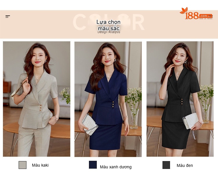 Set Bộ Vest Công Sở Nữ Tay Ngắn Dáng Ôm Chân Váy Màu Be, Xanh Navy, Đen chi tiết 3